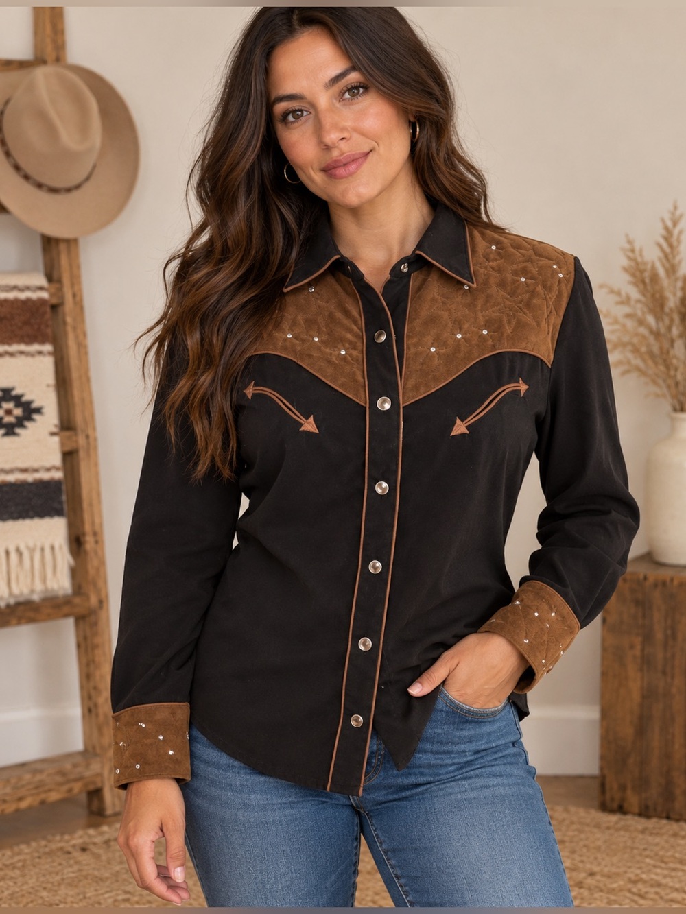 Scully Black Western Button-Down Shirt with Rhinestones,Brown Yoke & Cuff